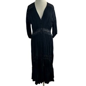Marche Womens Black Cotton Lace Boho Midi Dress‎ Button Front Smocked One Size